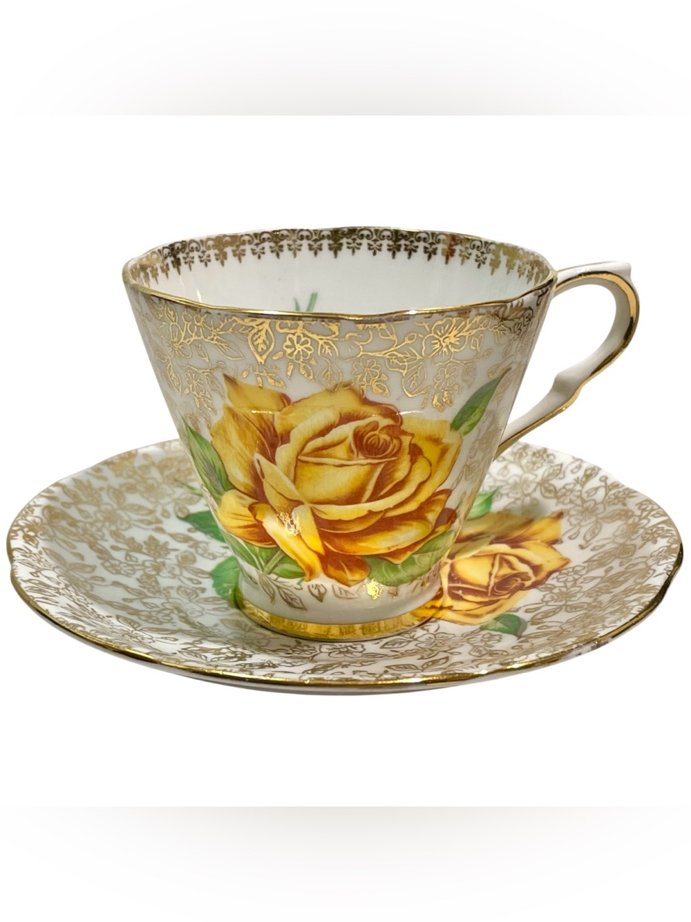 Vintage 1940s Collingwoods Golden Rose Teacup & Saucer Set Fine Bone China